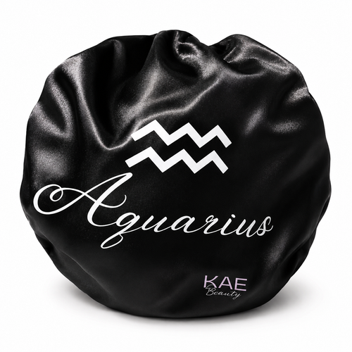 Black silk hair wrap with Aquarius design and KAE Beauty branding on a white background