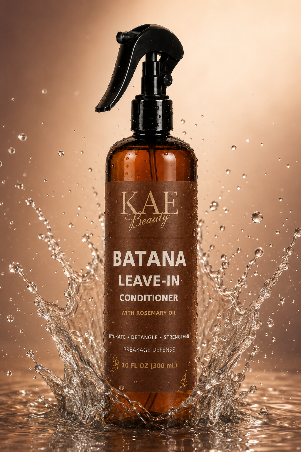 KAE Beauty Batana Leave-In Conditioner with rosemary oil in an amber spray bottle, surrounded by a splash of water against a warm brown background.
