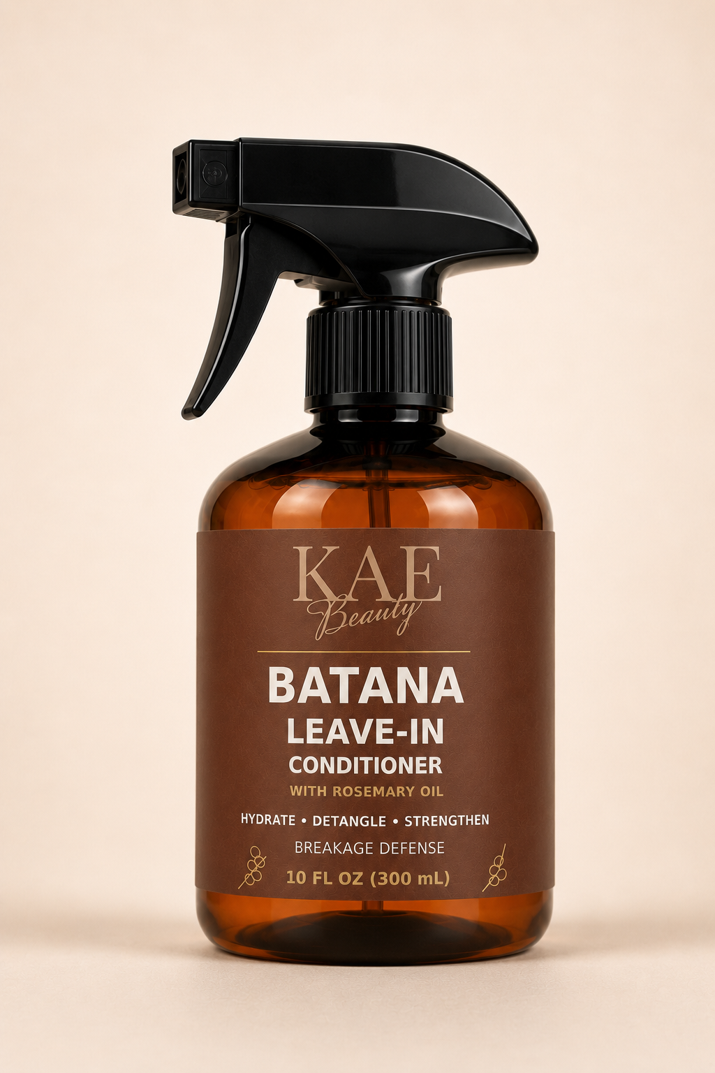 Close-up of KAE Beauty Batana Leave-In Conditioner with Rosemary Oil in a 10 fl oz amber spray bottle