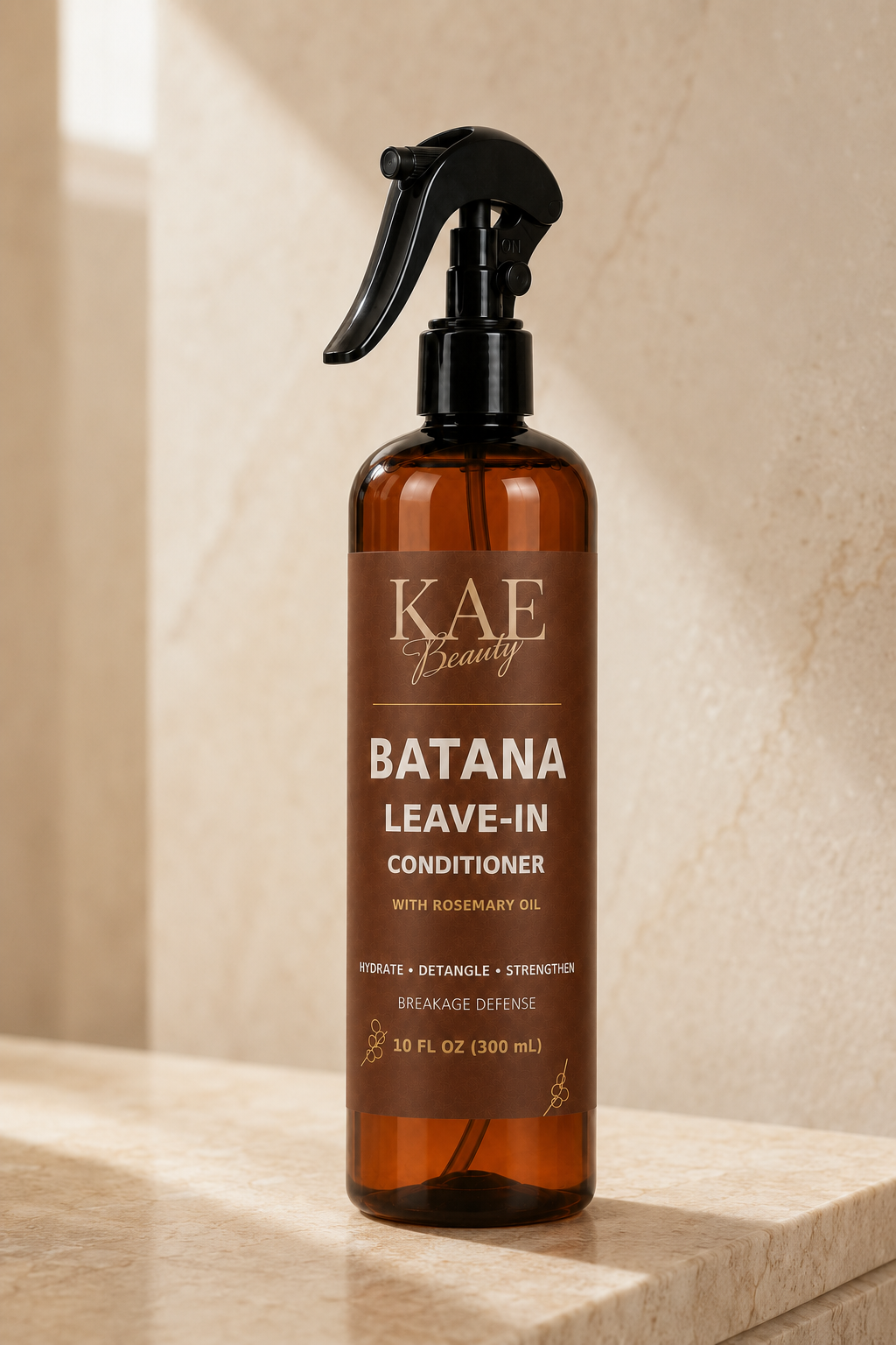 KAE Beauty Batana Leave-In Conditioner with Rosemary Oil displayed on a stone countertop in a warm, sunlit setting