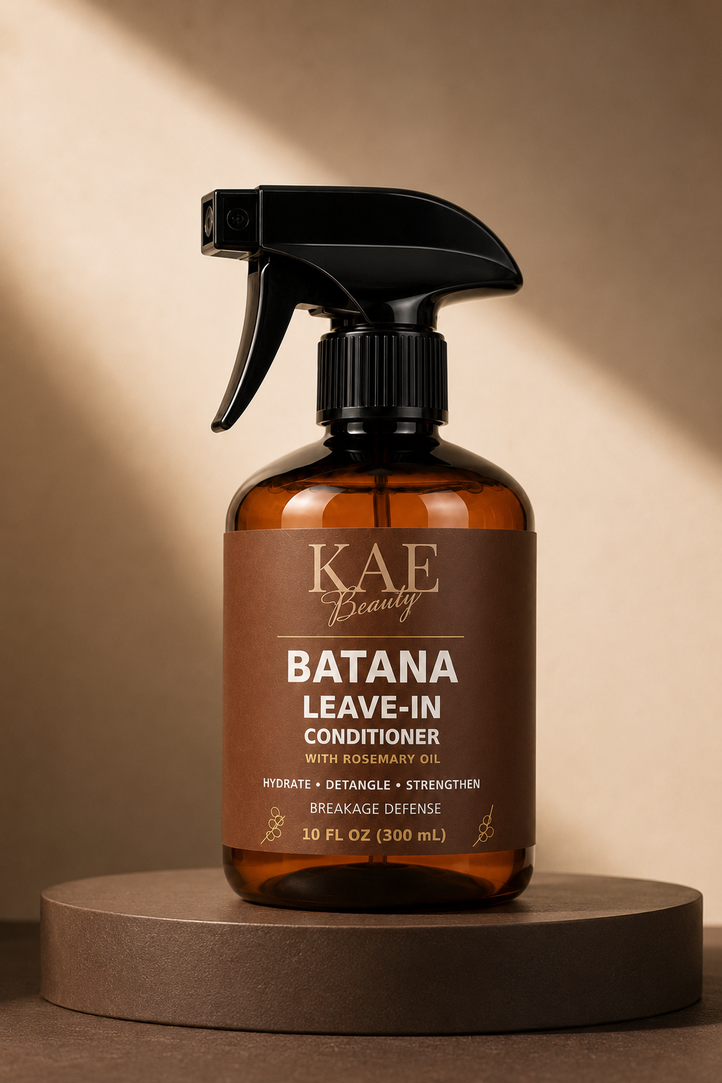 KAE Beauty Batana Leave-In Conditioner with Rosemary Oil on a round pedestal with warm brown studio lighting