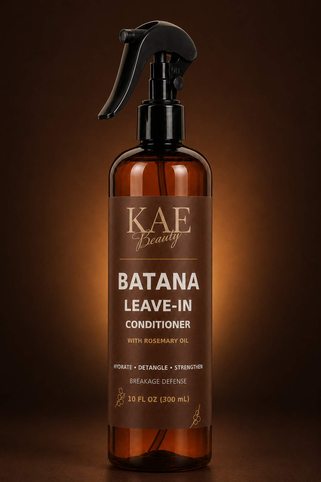 Full-size KAE Beauty Batana Leave-In Conditioner with Rosemary Oil in an amber spray bottle on a dark brown background