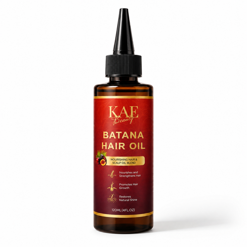 A 100ml amber glass bottle of KAE Beauty Batana Hair Oil with a black applicator cap, set against a plain white background.