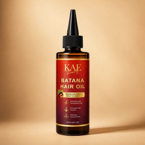 A bottle of KAE Beauty Batana Hair Oil with a black applicator cap, set against a warm beige background.