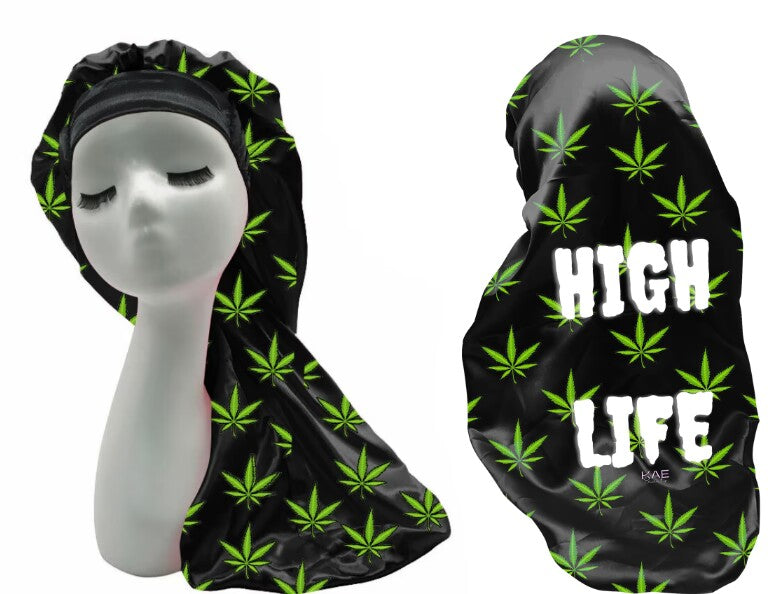 Black headscarf with green cannabis leaf patterns and 'HIGH LIFE' text on a white background