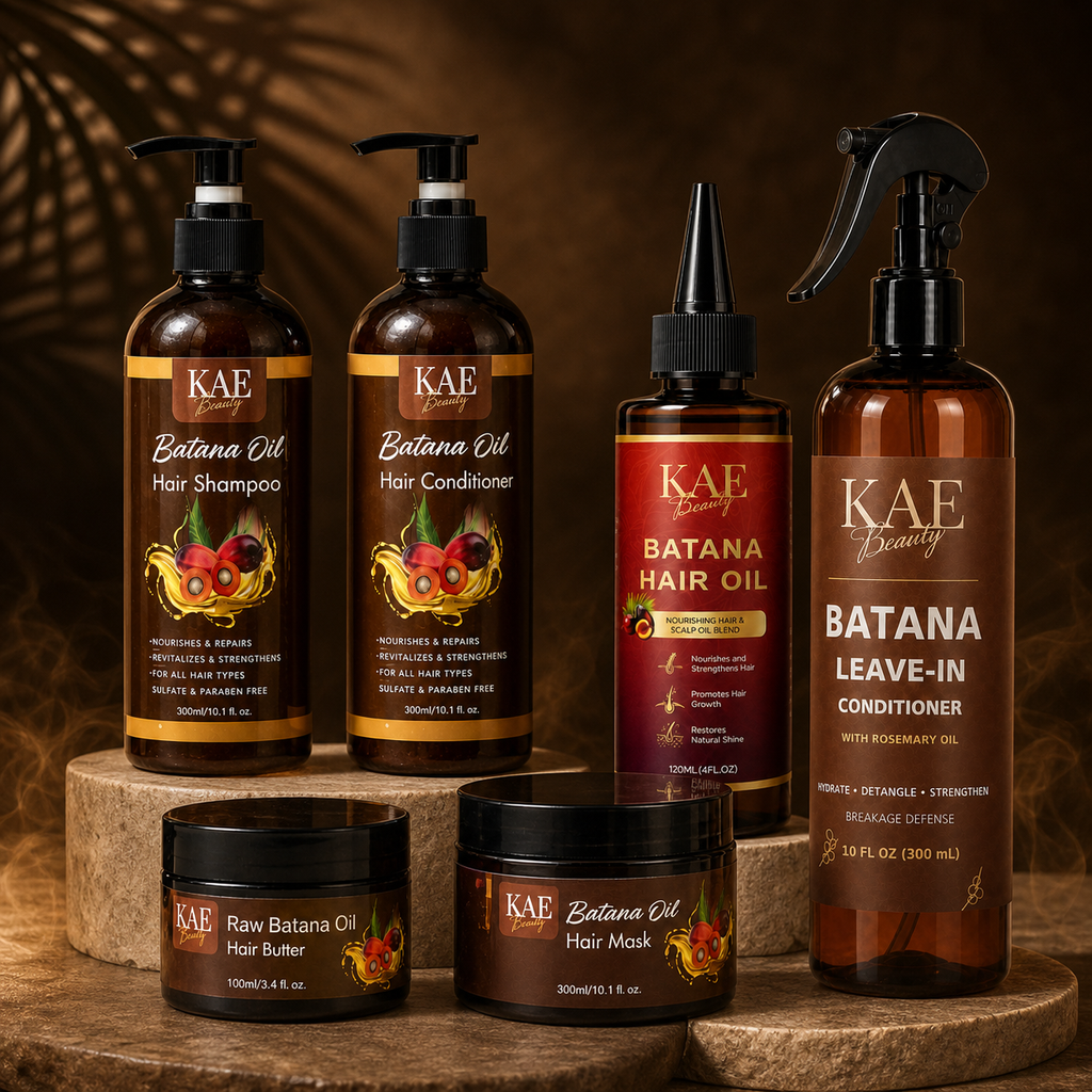 KAE Beauty six-piece Batana hair care bundle on stone pedestals with dark brown luxury lighting