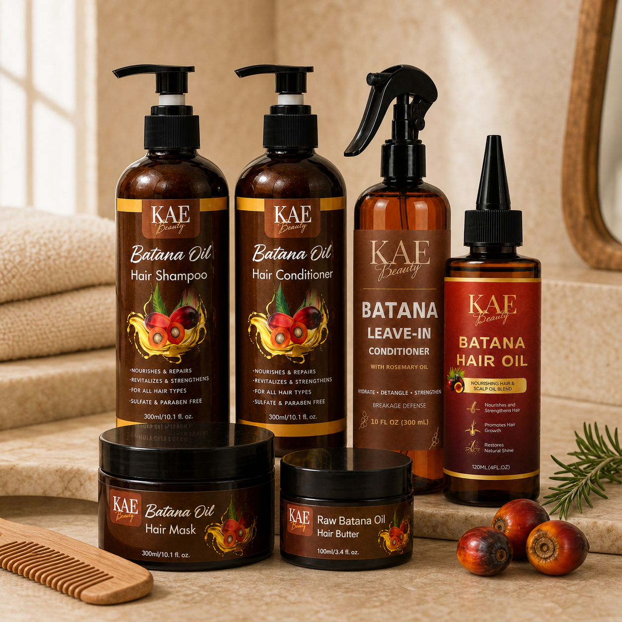 KAE Beauty six-piece Batana hair care bundle in a warm natural-stone spa setting